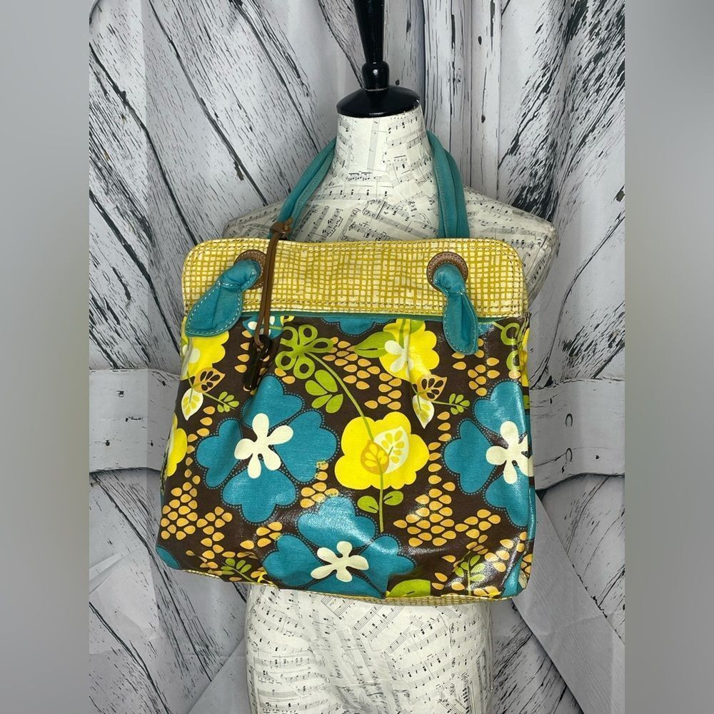 Fossil KeyPer Yellow Plaid Tulip Coated Canvas Purse Bag Tie Handles Key Charm